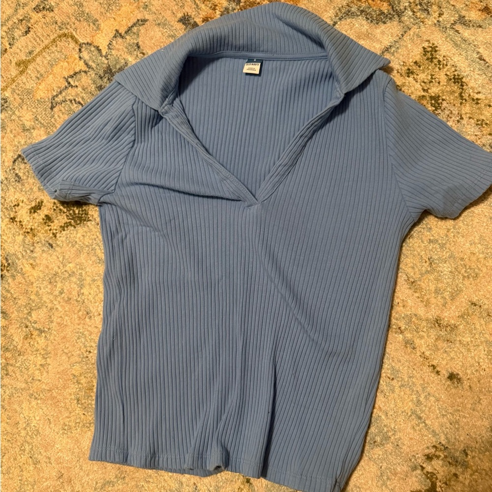 Blue Ribbed Short Sleeve Top